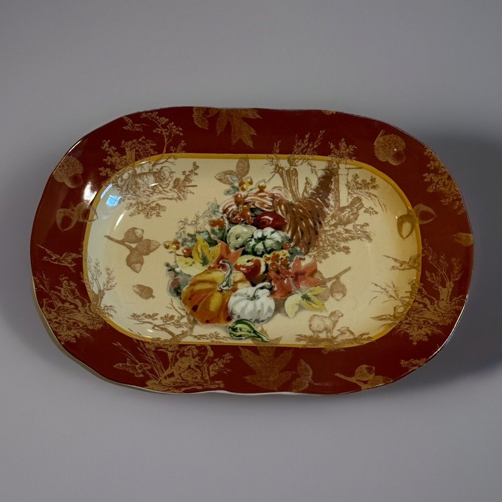222 Fifth Harvest Fine China Rectangular Serving Plate - Elegant Autumn Cornucopia Design for Seasonal Entertaining