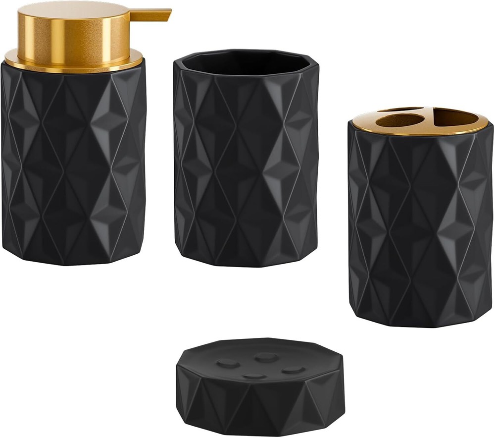 Black and Gold Bathroom Accessories Set, 4 Pcs Ceramic Toothbrush
