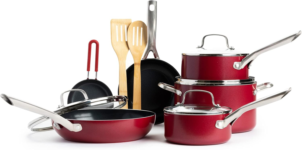 12-Piece Textured Ceramic Nonstick Cookware Set with Stainless Steel Handles