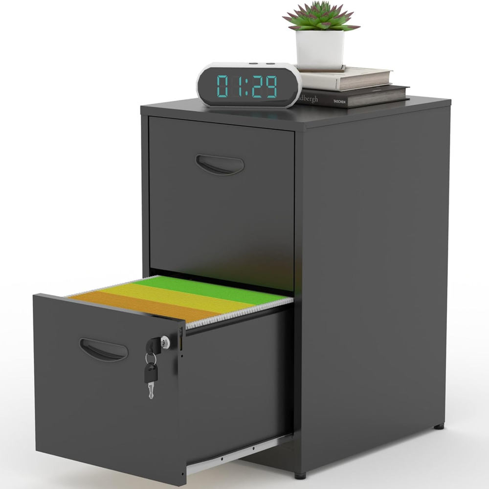 2 Drawer Filing Cabinet with Lock, Black Metal File Cabinets for Home Office, Li