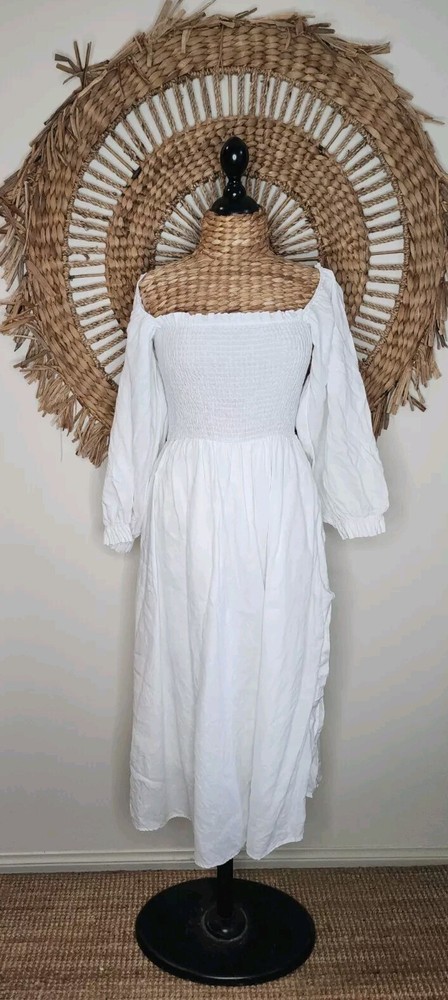 DISSH White Puff Sleeve Linen Dress Size 14 Classic Bohemian Gypsy