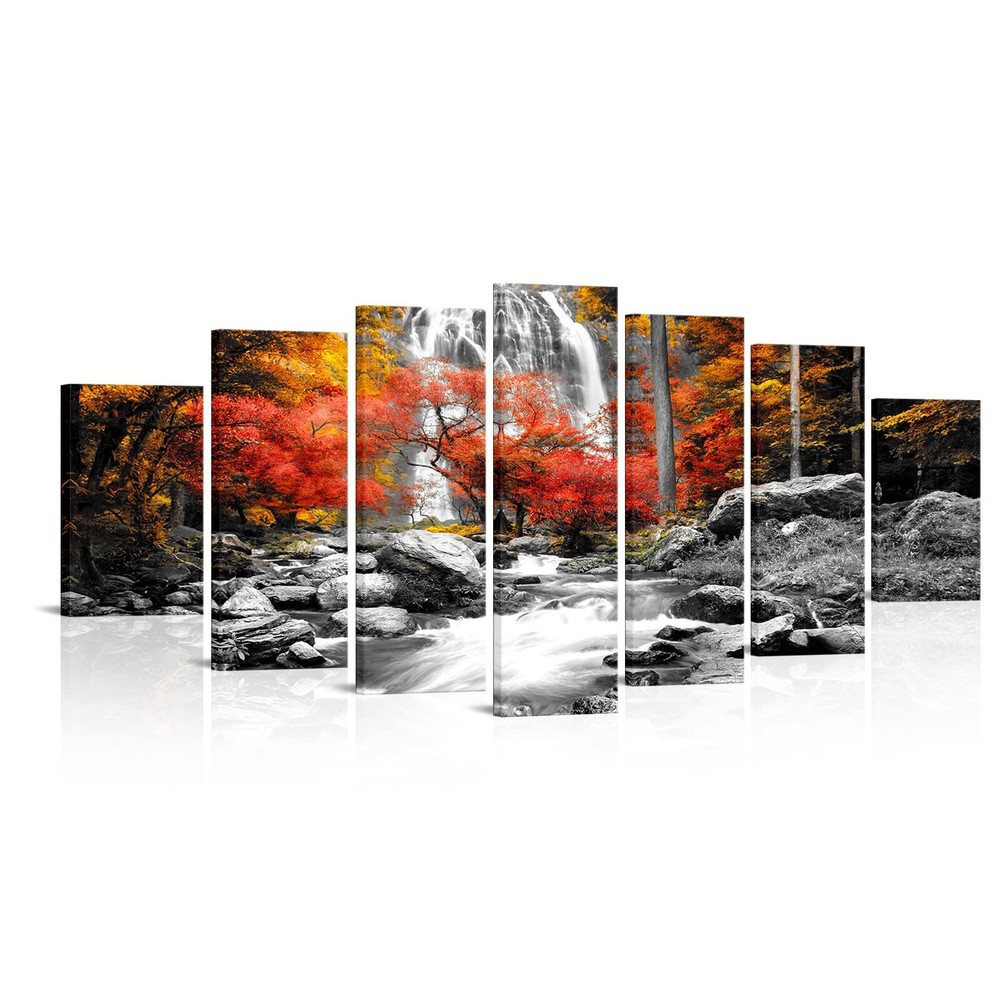 Visual Art Decor Black White Red Canvas Wall Art Autumn Yellow Orange Trees F...-image