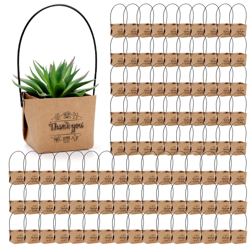 100 Pack Succulent Wraps, Thank You Gift Bags With Handles, Waterproof Kraft ...