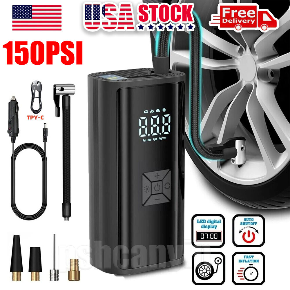 Air Compressor 150 PSI Tire Inflator Fits Car Moto Bike Tires Air Pump Cordless