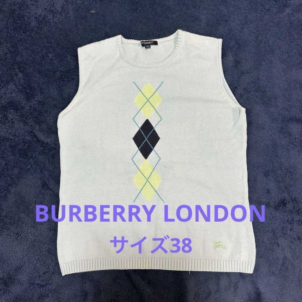 Burberry London Knit Vest Size 38 Argyle Pattern Light Blue 100% Cotton