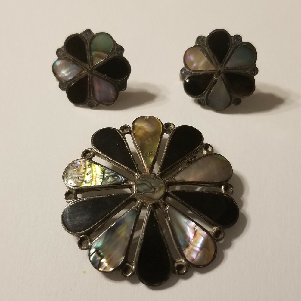 Vintage 925 Sterling Silver Gonzalez Abalone Onyx Flower Pin Brooch Earring Set from Mexico