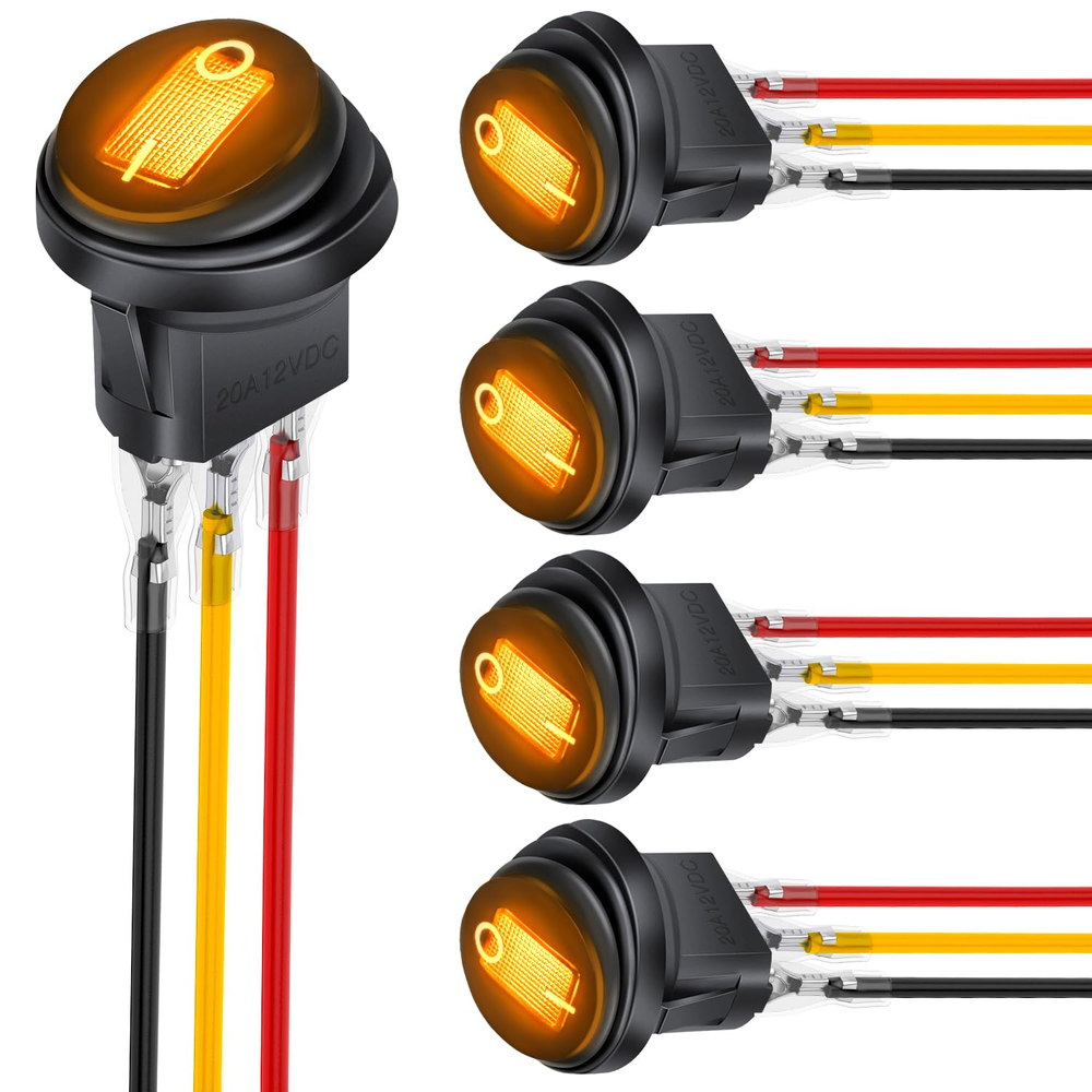 5Pcs Waterproof round Rocker Toggle Yellow LED Switch 12V 20A 3 Pin on off SPST