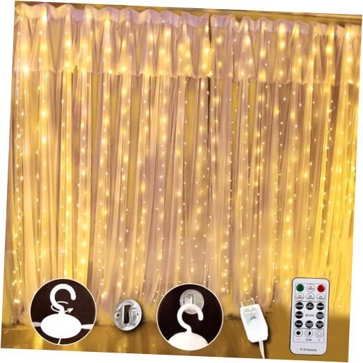 300 LED Silver Copper Wire Curtain Light for Bedroom Warm White 9.8ft x 9.8ft