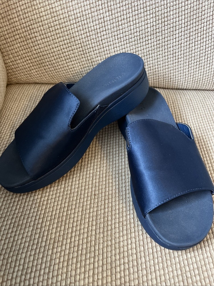 Vionic Womens Size 7.5 Monica Blue Satin Wedge Slide Sandals Comfortable Arch Support