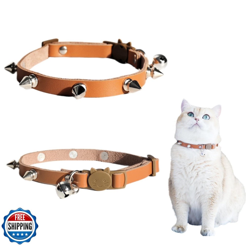 Spiked Cat Collar with Bells, Breakaway Genuine Leather Protective Collar for