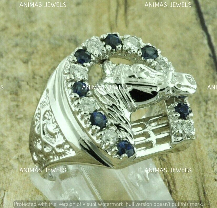 Lab-Created Sapphire 1.20 Ct Men's Horseshoe Lucky Ring Real 925 Sterling Silver