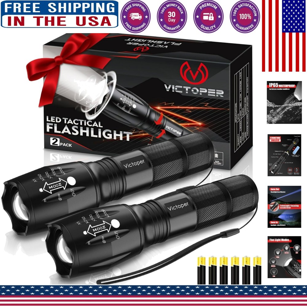 Multi-Mode Tactical Flashlight 2 Pack - 2000 Lumen with Batteries Included