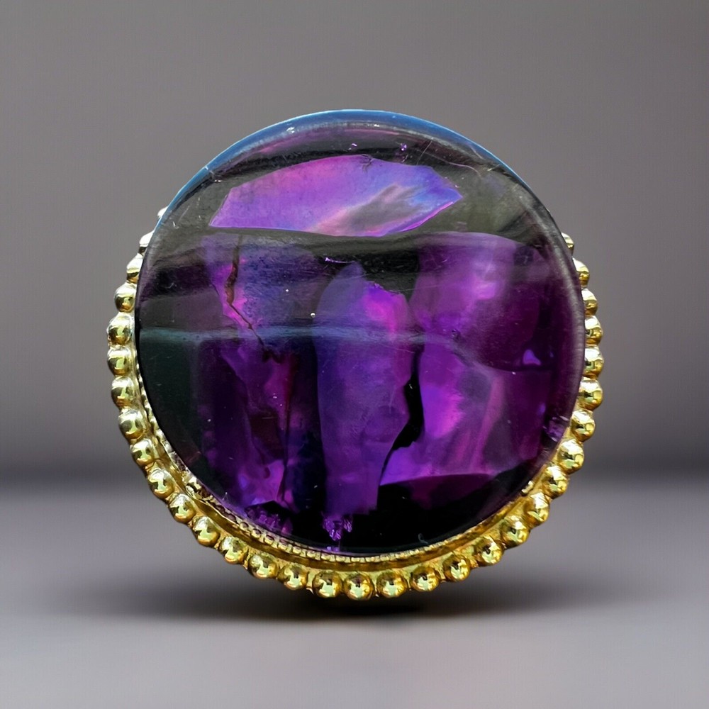 VTG Pin Brooch Round Faux Amethyst Glass Acrylic Chunky Gold Tone Purple Faceted