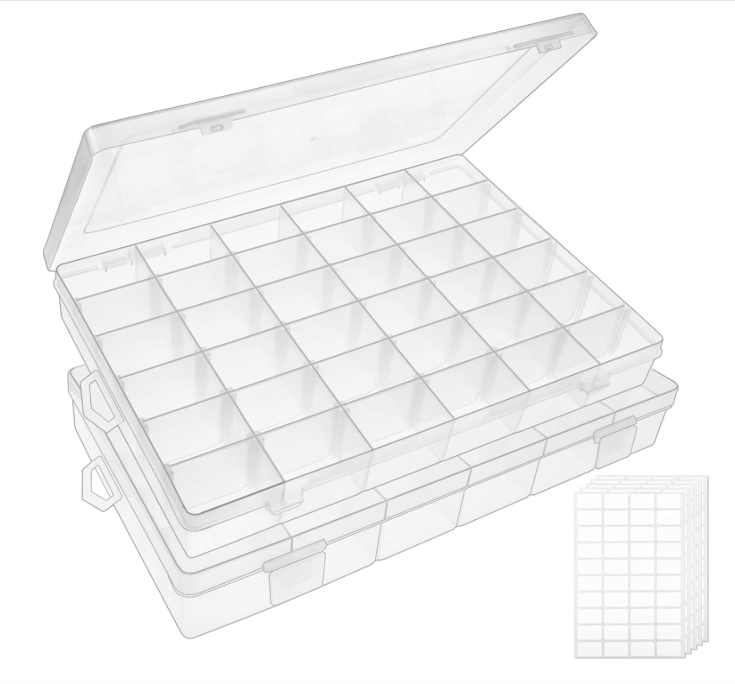 OUTUXED 2-Pack 36-Grid Bead Organizer Box with Adjustable Dividers and Labels