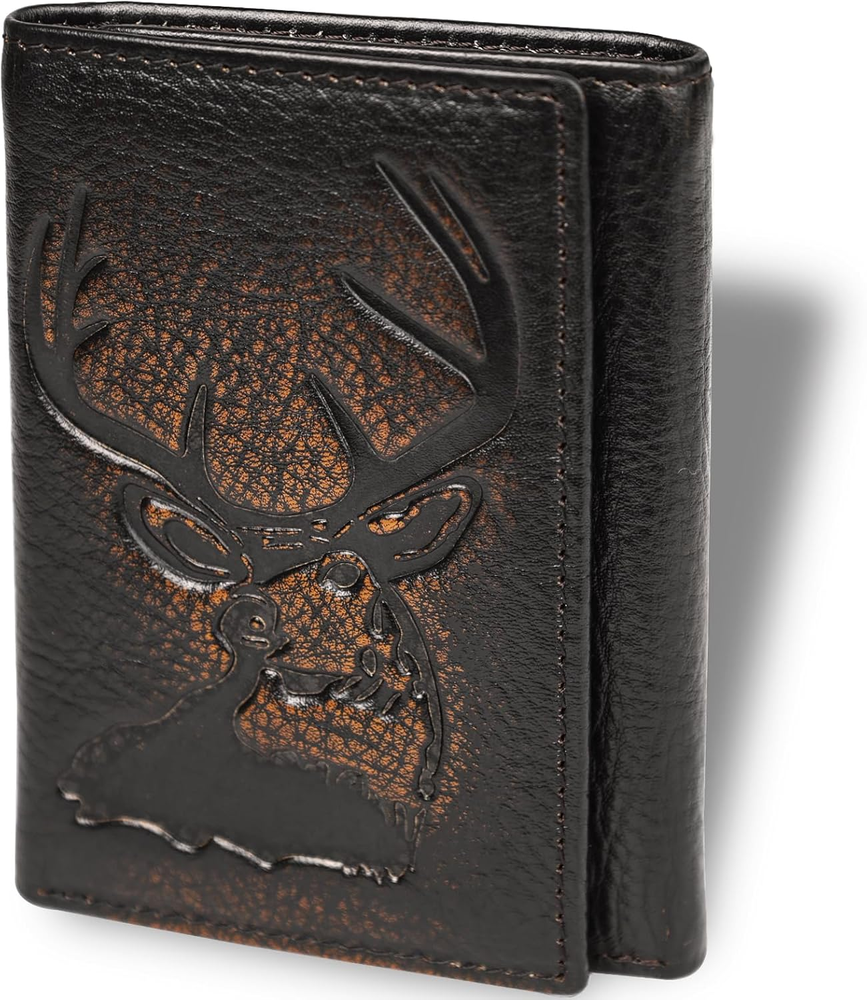 Deer Trifold Wallets for Men Full Grain Leather with Hand Burnished Tri-Fold Wal