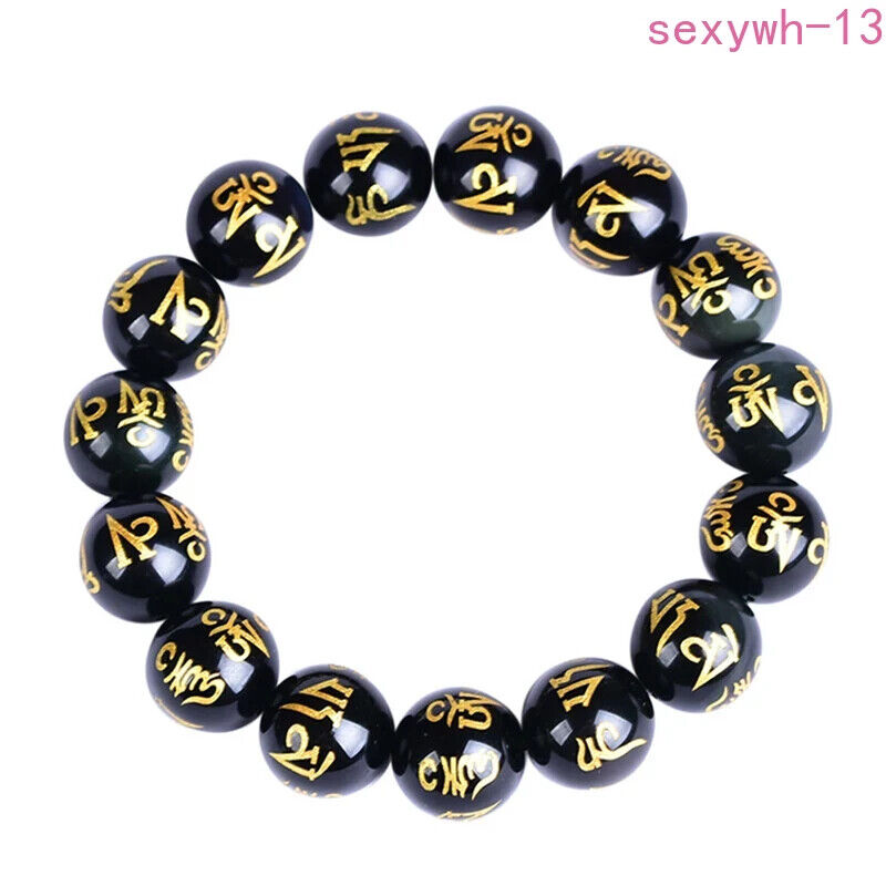 8mm Buddhism Six Words Mantra Bracelets Black Obsidian Amulet Lucky Jewelry