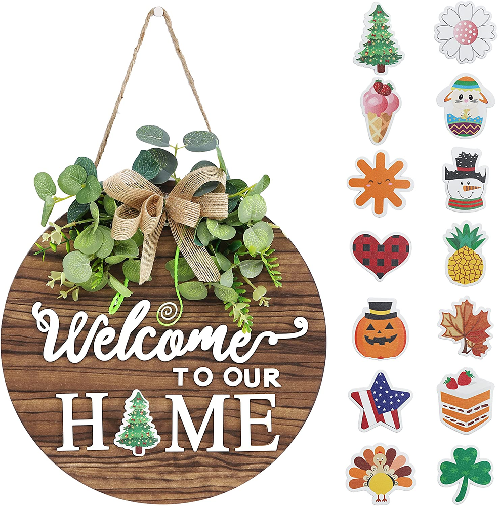 Rustic Wood Round Seasonal Welcome Sign for Front Door Decor  