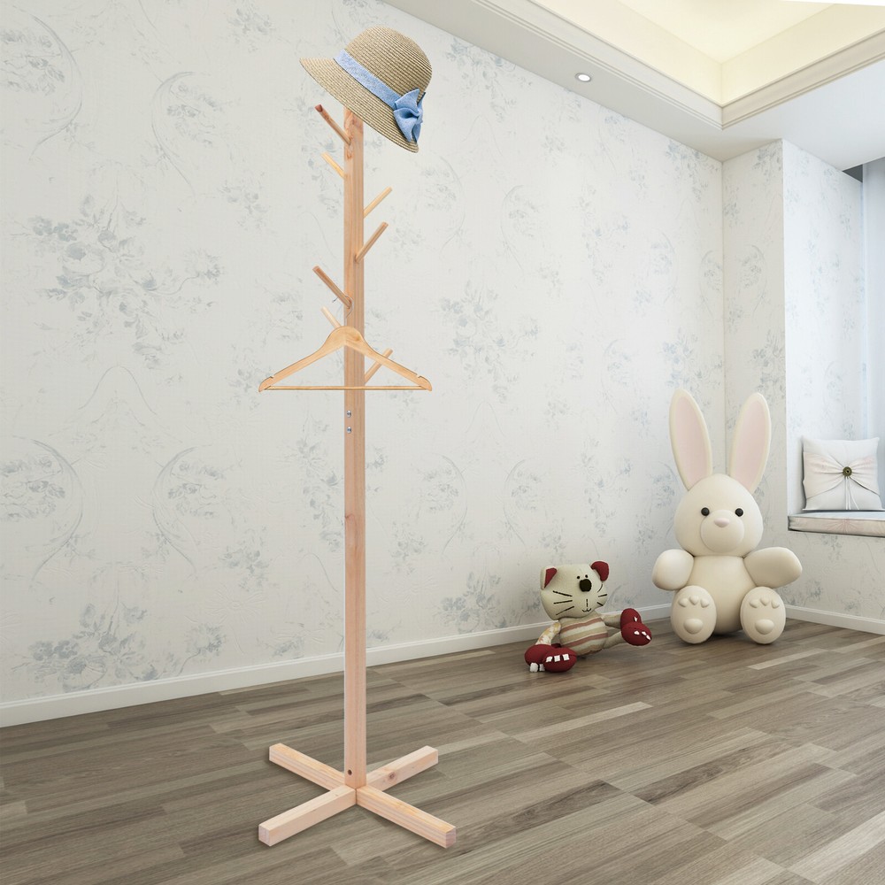 8-Hook Wooden Coat Rack Stand Free-Standing Tree Clothes Hanger