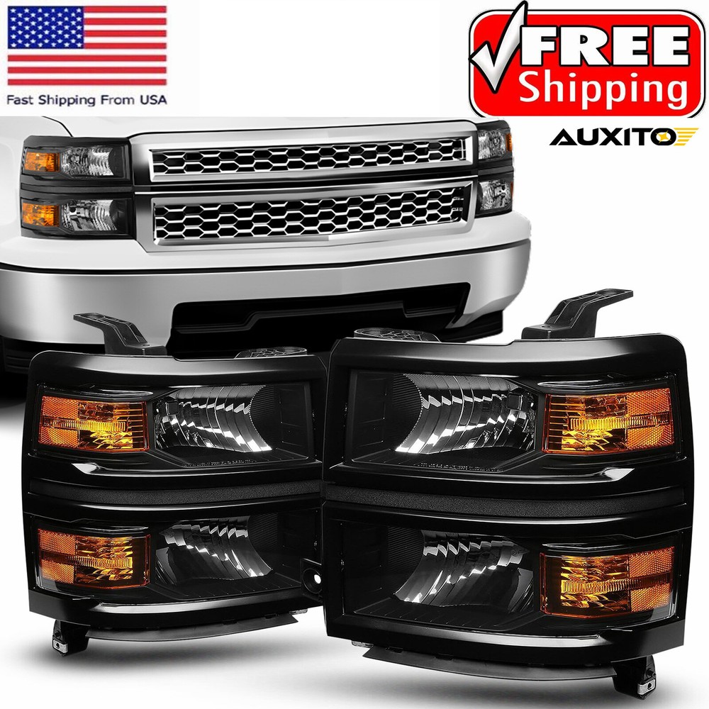 For 2014-2015 Chevy Silverado 1500 Black Headlights Headlamps Pairs L+R 14-15