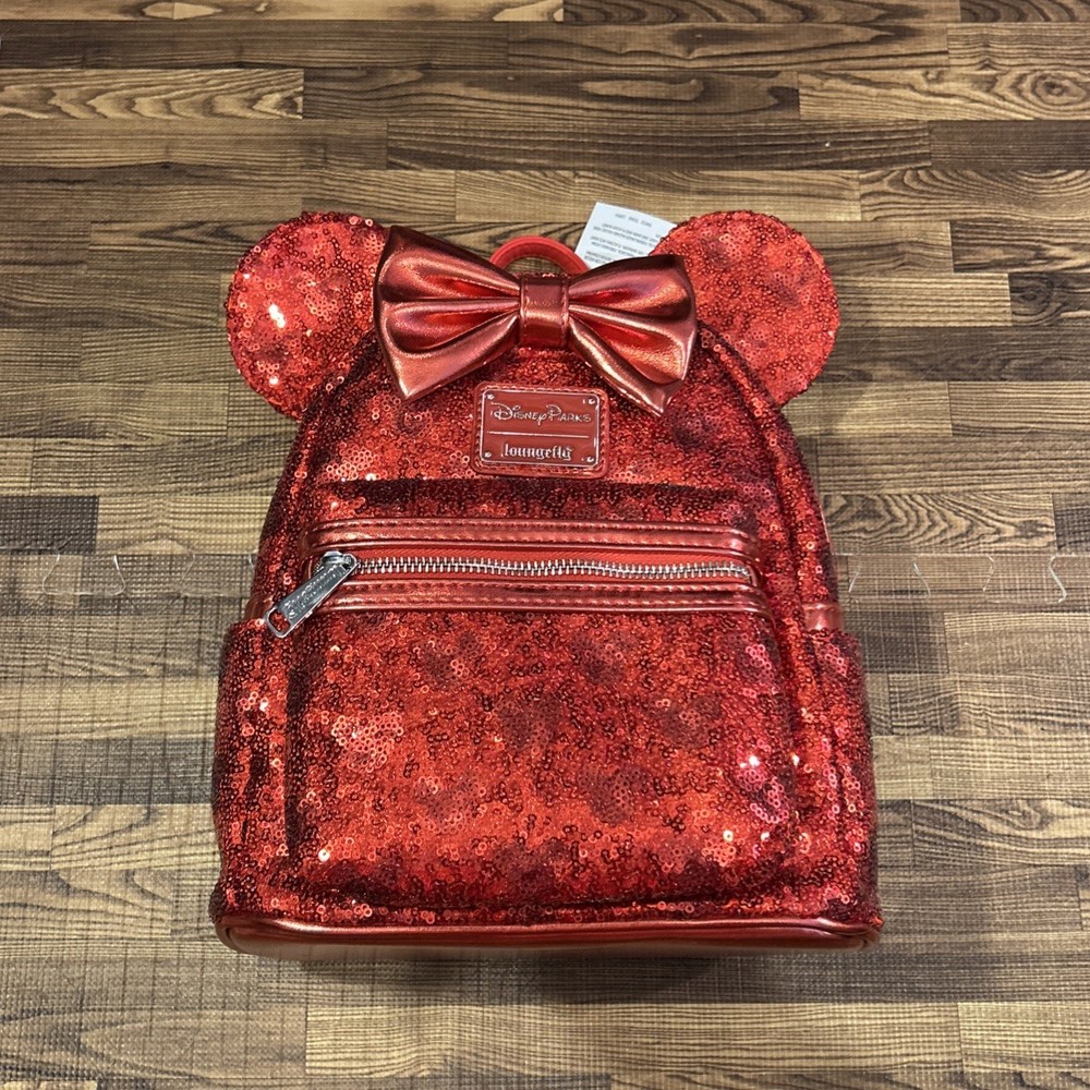 Disney Loungefly Backpack Red Sequin Minnie Mouse with Mickey Icons NWT  