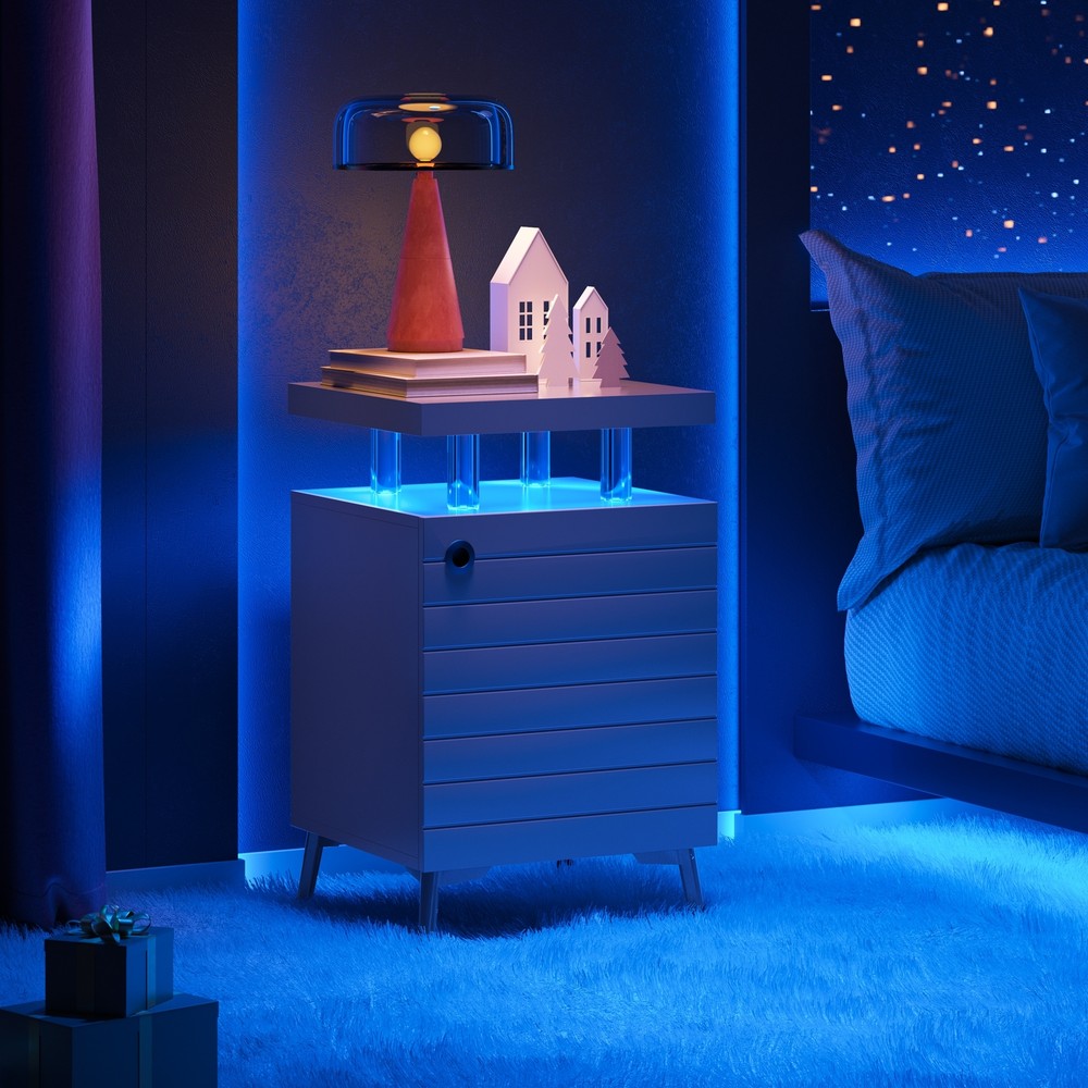 LED Nightstand LED Bedside Table End Tables Living Room with 4 Acrylic Columns,