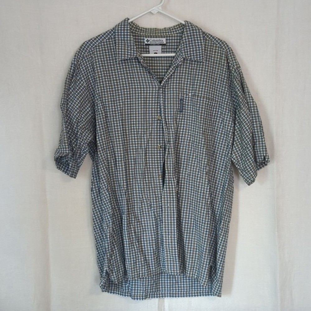 Columbia Sportswear Blue White Check Plaid Short Sleeve Cotton Button Down Large