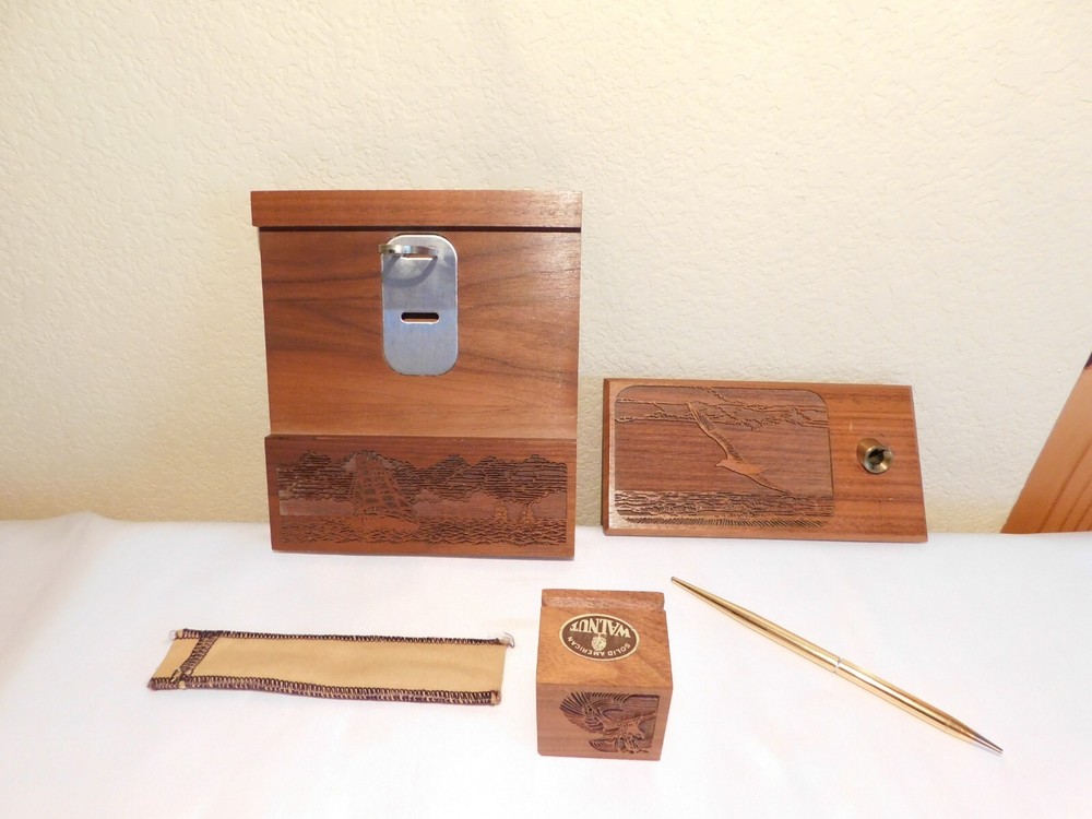 Vintage Lasercraft American Walnut Wood Engraved 4 Piece Desk Set  Nautical