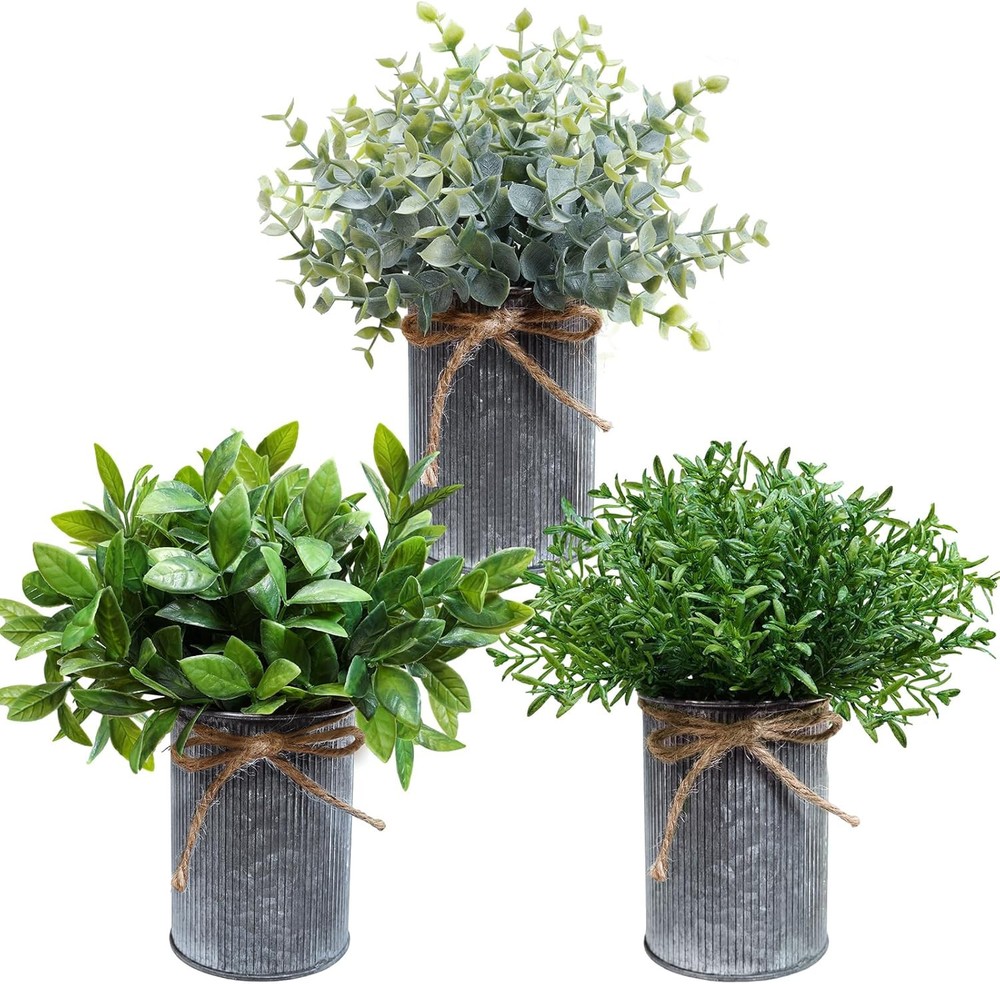 3 Mini Artificial Potted Plants Boxwood Eucalyptus Greenery Set