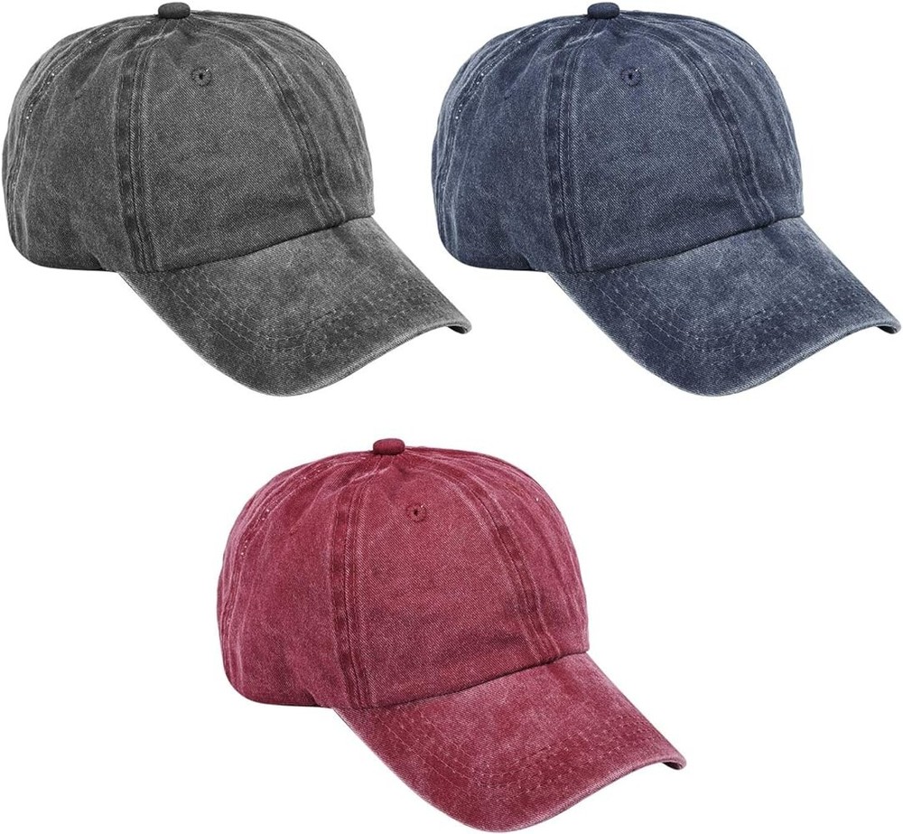 Meinicy Women Washed Plain Baseball Cap Hat (Pack Of 3) Blue Gray Red Cotton