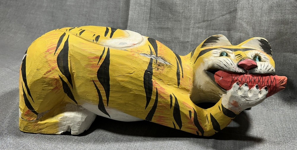 Hand Carved Painted Wood Tiger Figurine Eating Fish