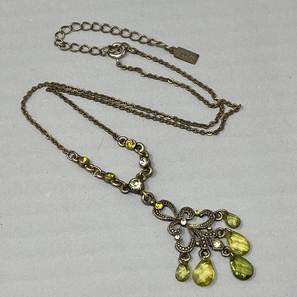 1928 Y Drop Necklace Lime Green Beads Rhinestones Victorian Scroll Pendant 19