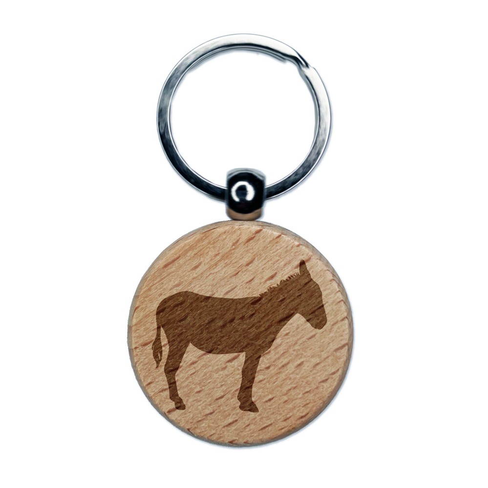 Donkey Silhouette Solid Engraved Wood Round Keychain Tag Charm
