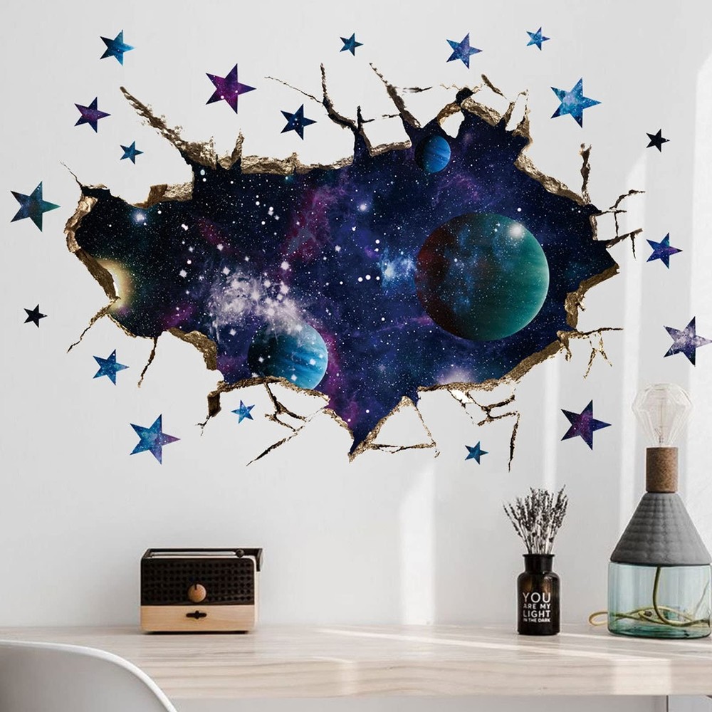 3D Space Galaxy Wall Decor Stickers, Removable Broken Outer Space Planet Wate...