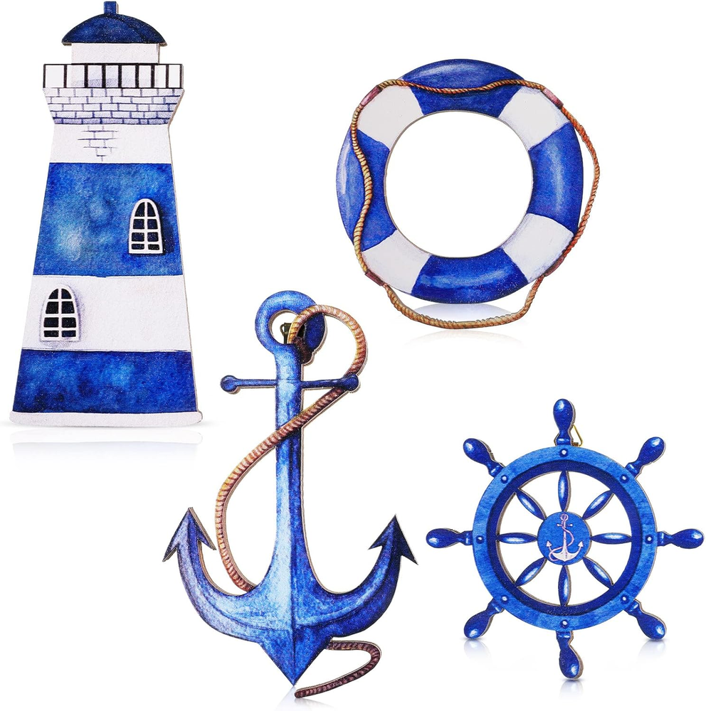 4 Pcs Beach Decor Coastal Wall Decor Ocean Beach Bathroom Decor Wood Lighthouse