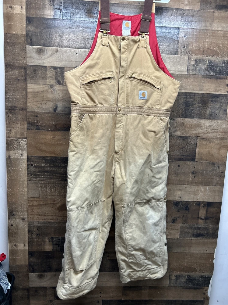 Vtg USA Carhartt R04 BRN Duck Quilted Lined Zip to Hip Bib Overalls 34 X 30 C129