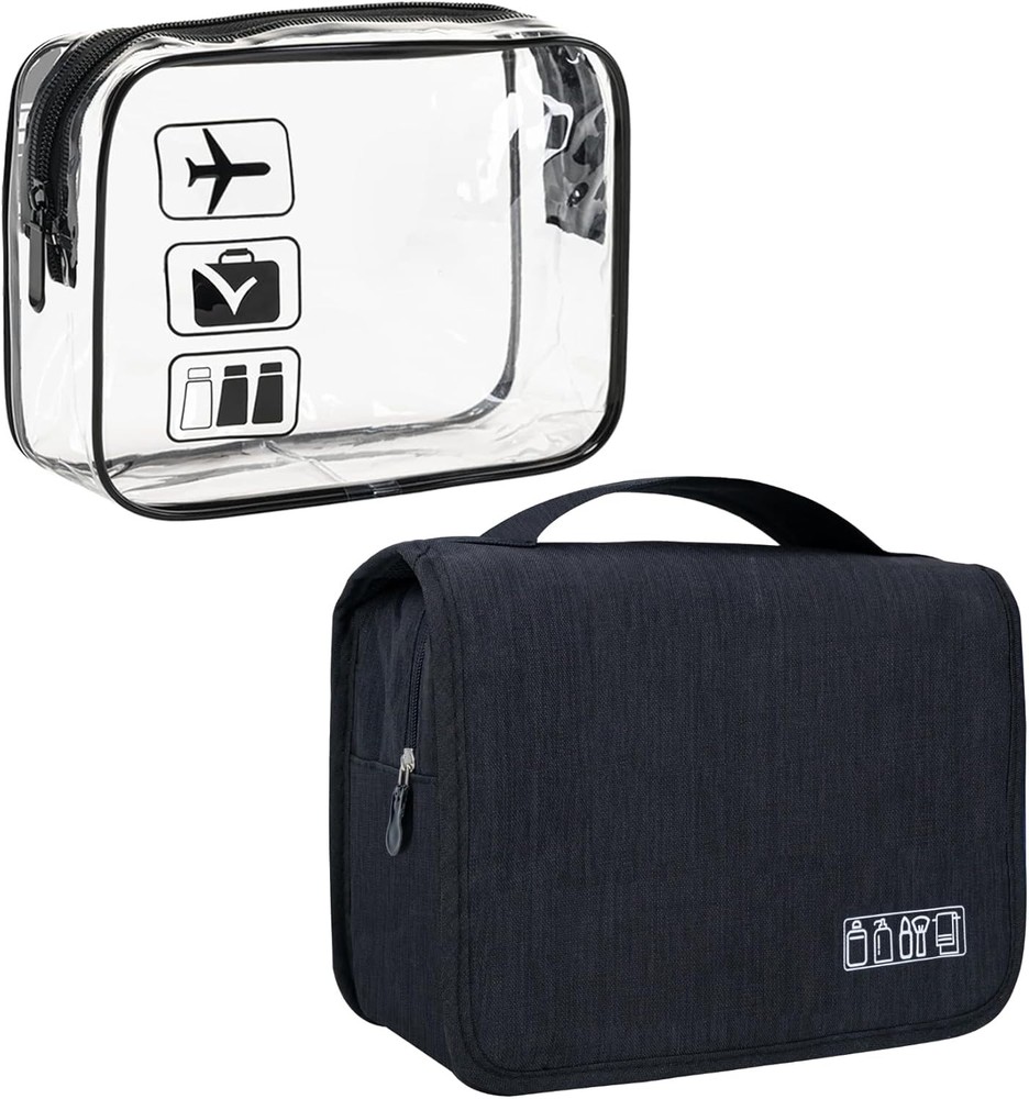 Large Hanging Toiletry Bag with Clear Pockets - A-Black+Clear Black