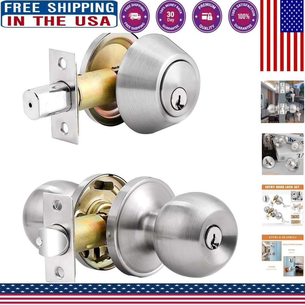 Modern Brushed Nickel Keyed Entry Door Knob Set with Single Cylinder Deadbolt