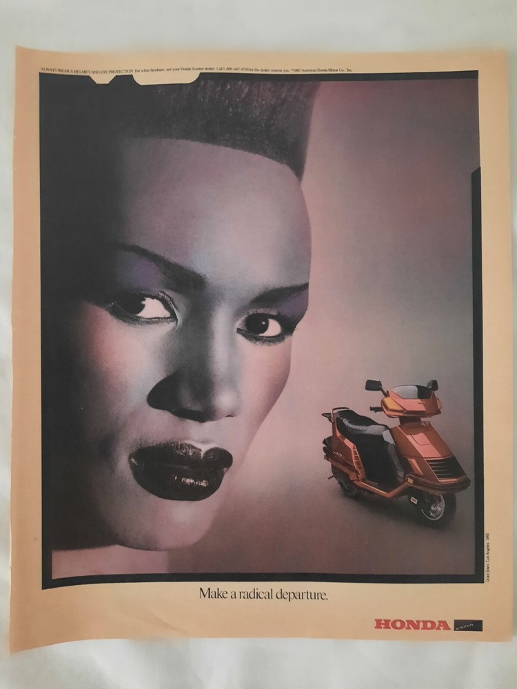 1985 Honda Scooters Grace Jones Vintage Print Ad Advertisement Wall Art Decor