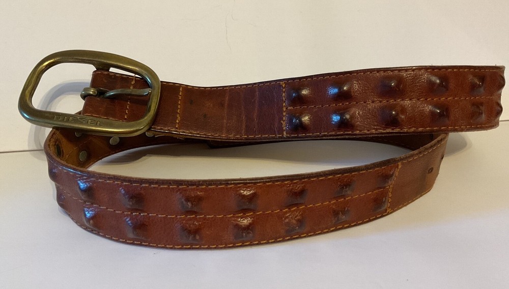 Diesel Brown Leather Belt 38 Made In Italy - Leather Covered Pyramid Studs RARE