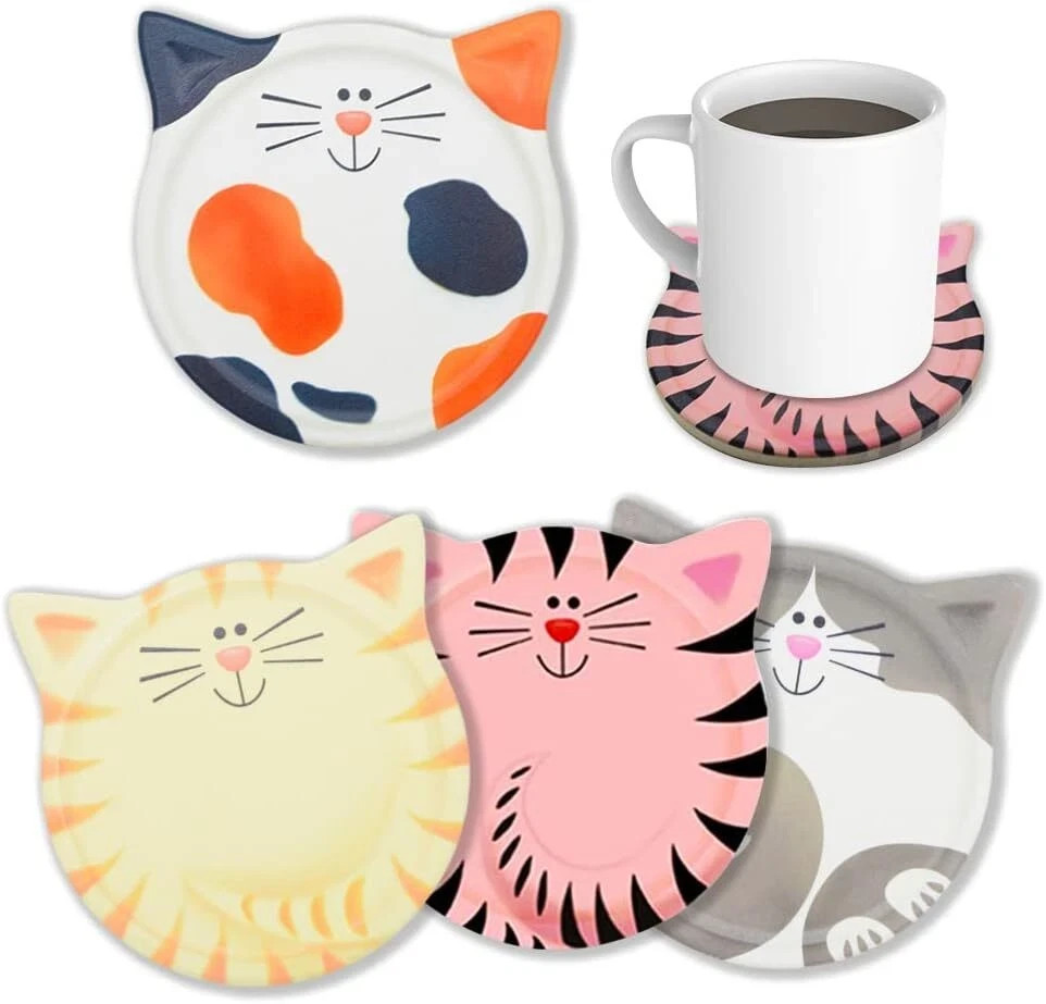 Funny Coasters for Drinks Absorbent Cat Shaped Ceramic Coasters Set of 4 Uniqu