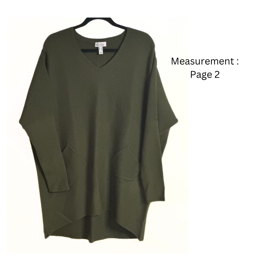 Tunic Women's V-Neck Green Sweater - Sz: S / Two-Pocket Oversize Relaxed-Fit