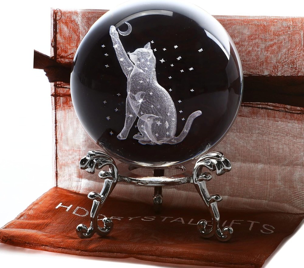 3D Cat lover Crystal glass stand Ball Figurine Glass Laser Engraved Moon Star  .