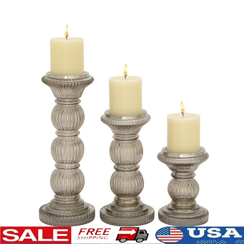 Handmade Glass Pillar Candle Holder Set of 3 Decorative Centerpiece Grey New