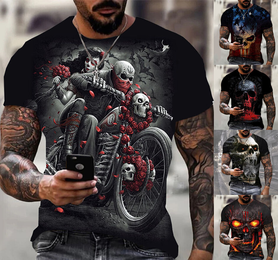 Skull Biker Design Graphic T-Shirt Mens Short Sleeve Tee Top O Neck