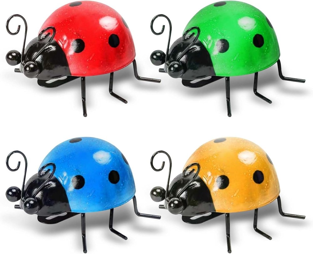 4 Pack Colorful Metal Ladybug Garden Decor Wall Art Yellow