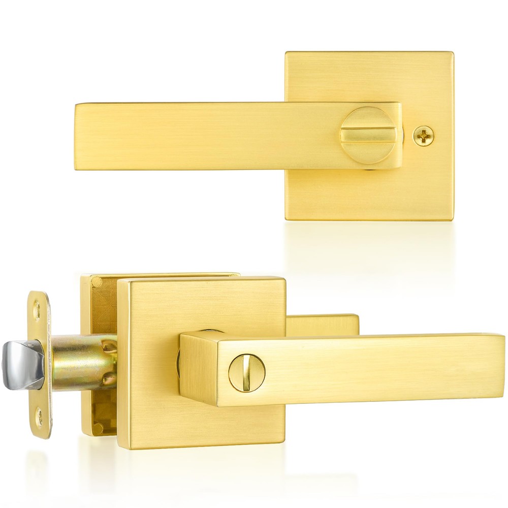 Satin Brass Door Knobs Door Handles Interior with Lock, Privacy Gold Door Kno...