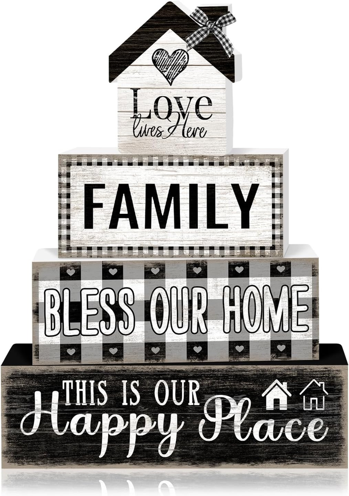 4 Pcs Farmhouse Family Wooden Tiered Tray Decor Set, Rustic Bless Our Home Wood