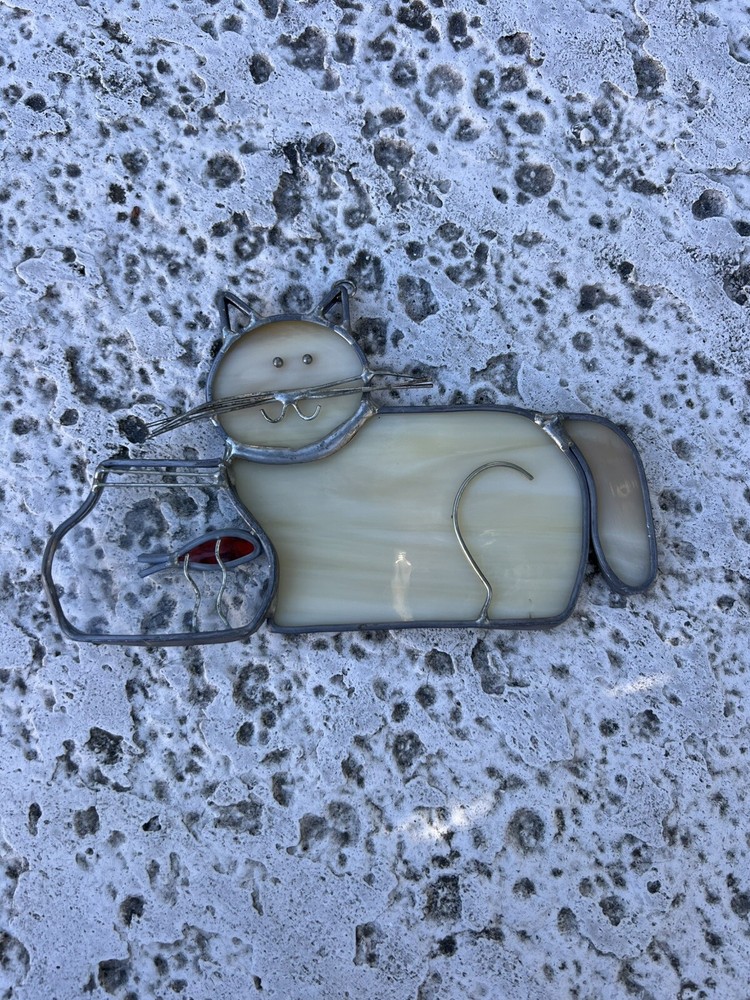 Stained Glass Cat & Fishbowl Suncatcher Decorative Hanging Art
