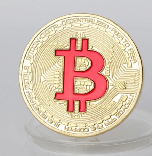 BTC Bitcoin | Decentralized Cryptocurrency | Red Coloured Gold Plated Coin-image