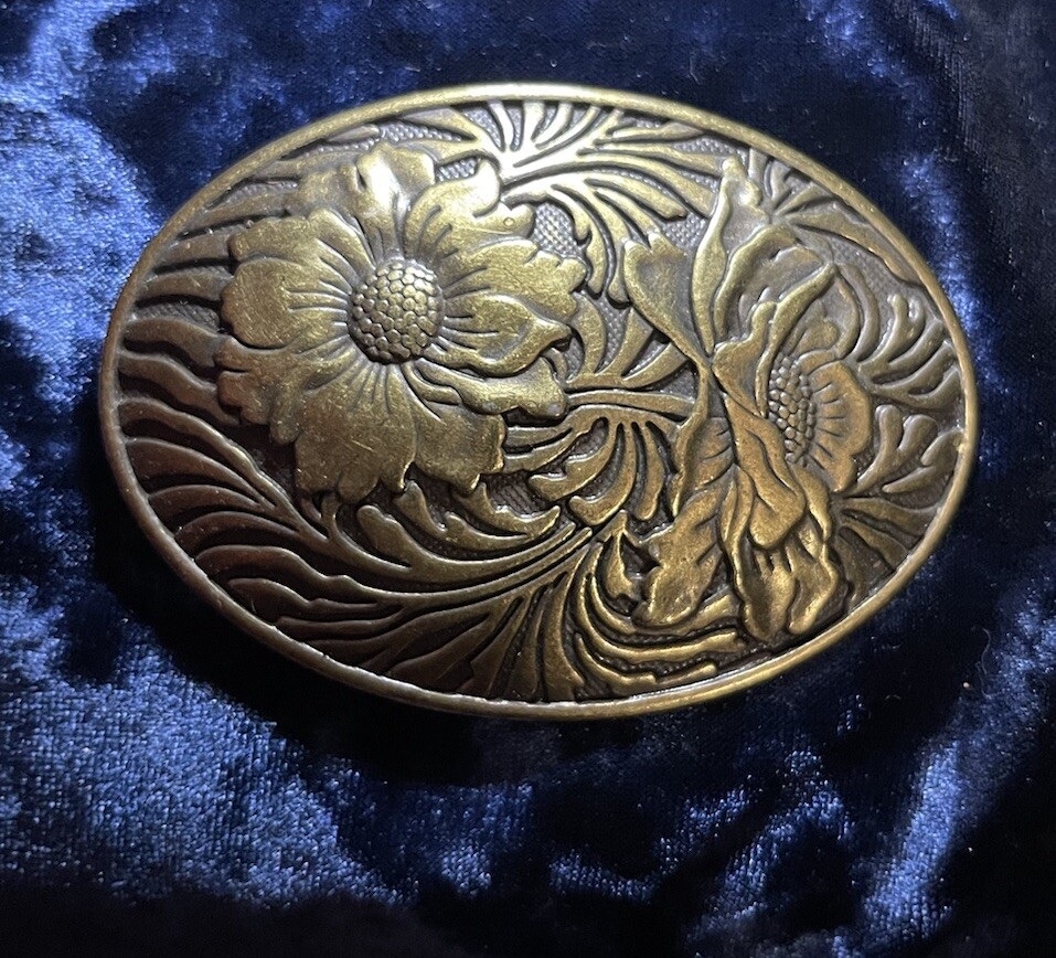 Vintage Etched Floral Flower Pattern Brass Tone Oval Western Belt Buckle